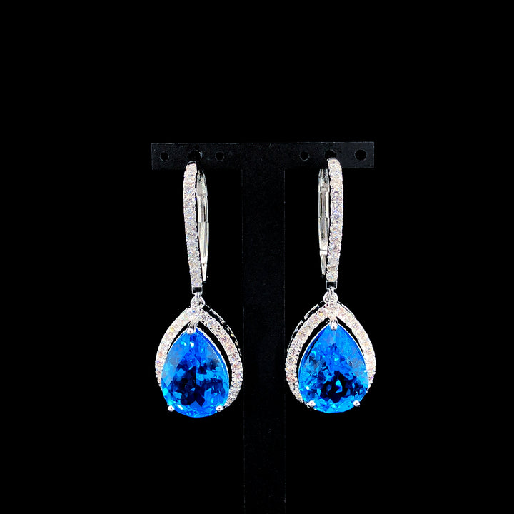 25.77ct Natural Blue Topaz Stone & 1.81ct Lab-grown Diamond Dangle Earring In Silver