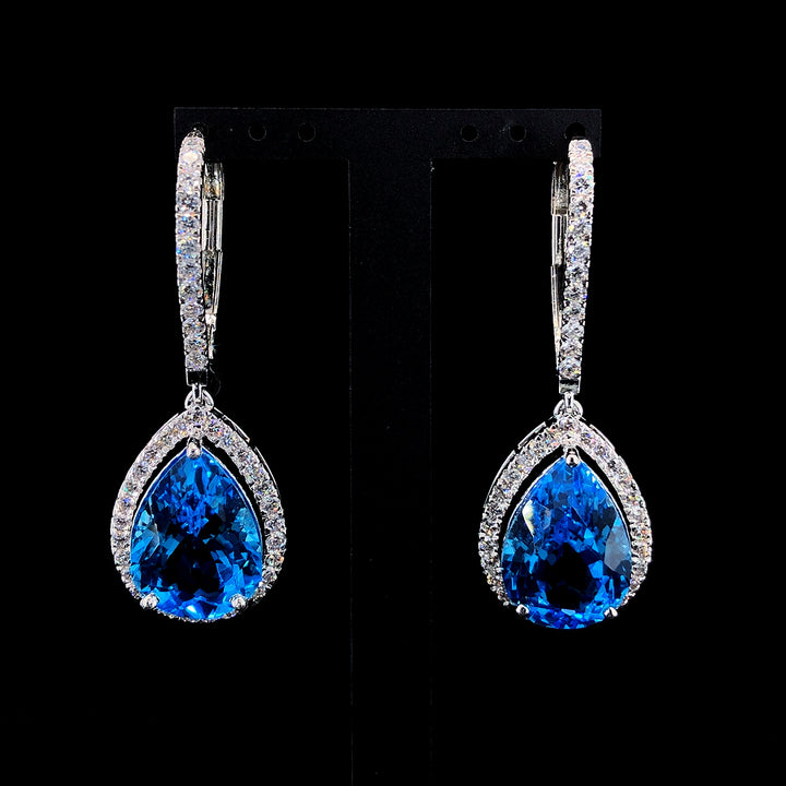 21.85ct Natural Blue Topaz Stone & 1.97ct Lab-grown Diamond Dangle Earring In Silver