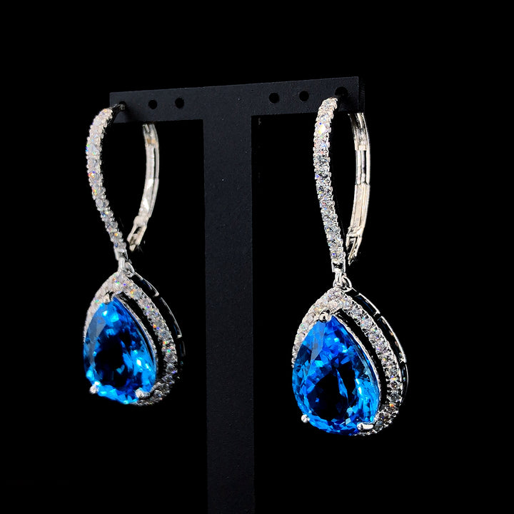 21.85ct Natural Blue Topaz Stone & 1.97ct Lab-grown Diamond Dangle Earring In Silver