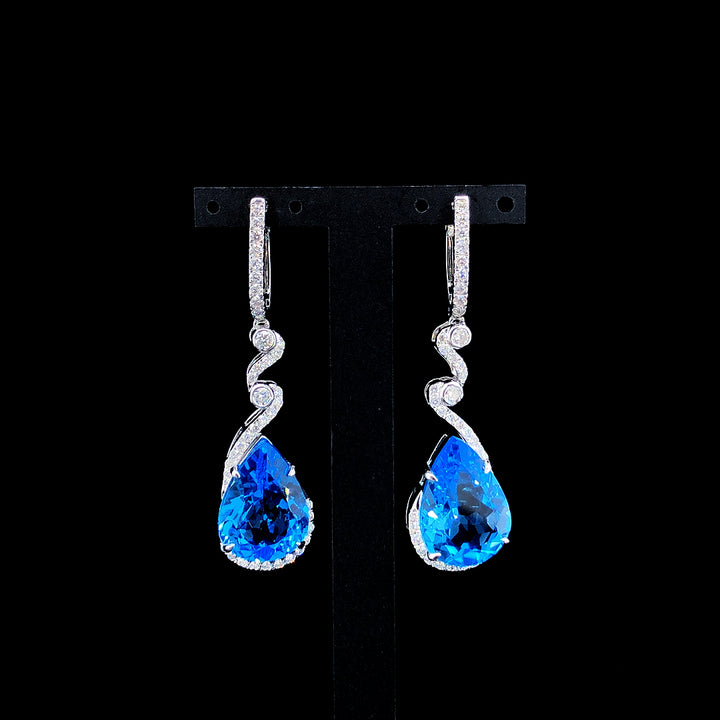 27.18ct Natural Blue Topaz Stone & 1.53ct Lab-grown Diamond Dangle Earring In Silver