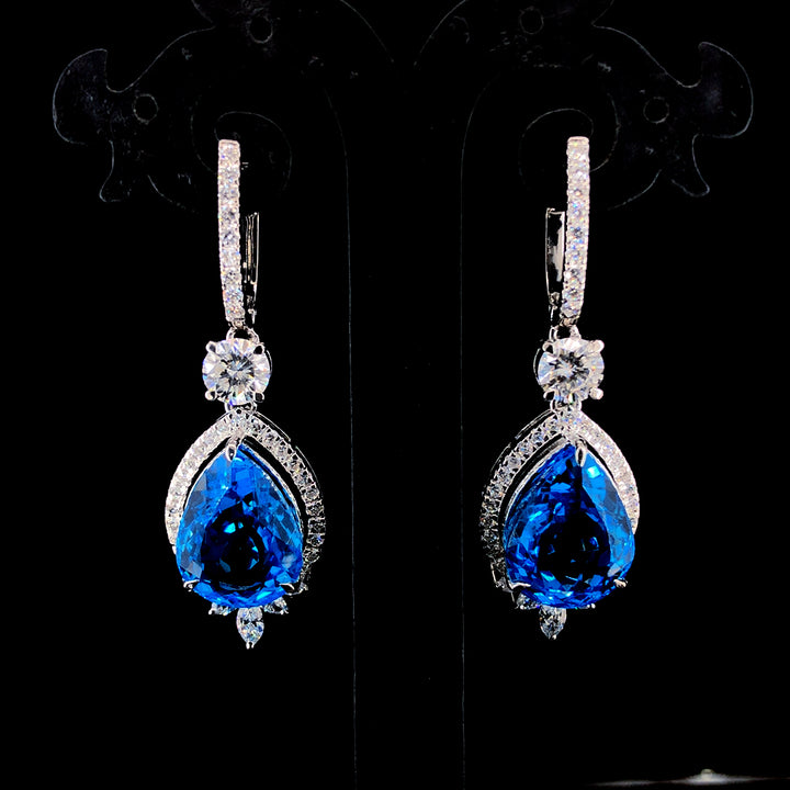 28.15ct Natural Blue Topaz Stone & 4.73ct Lab-grown Diamond Dangle Earring In Silver