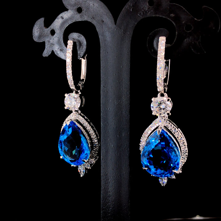 28.15ct Natural Blue Topaz Stone & 4.73ct Lab-grown Diamond Dangle Earring In Silver