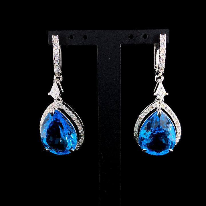 24.48ct Natural Blue Topaz Stone & 1.61ct Lab-grown Diamond Dangle Earring In Silver