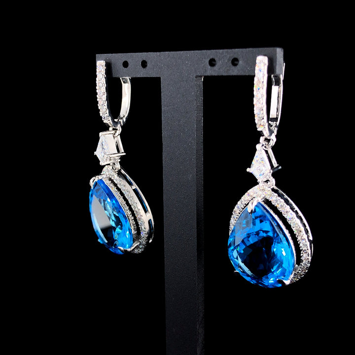 24.48ct Natural Blue Topaz Stone & 1.61ct Lab-grown Diamond Dangle Earring In Silver