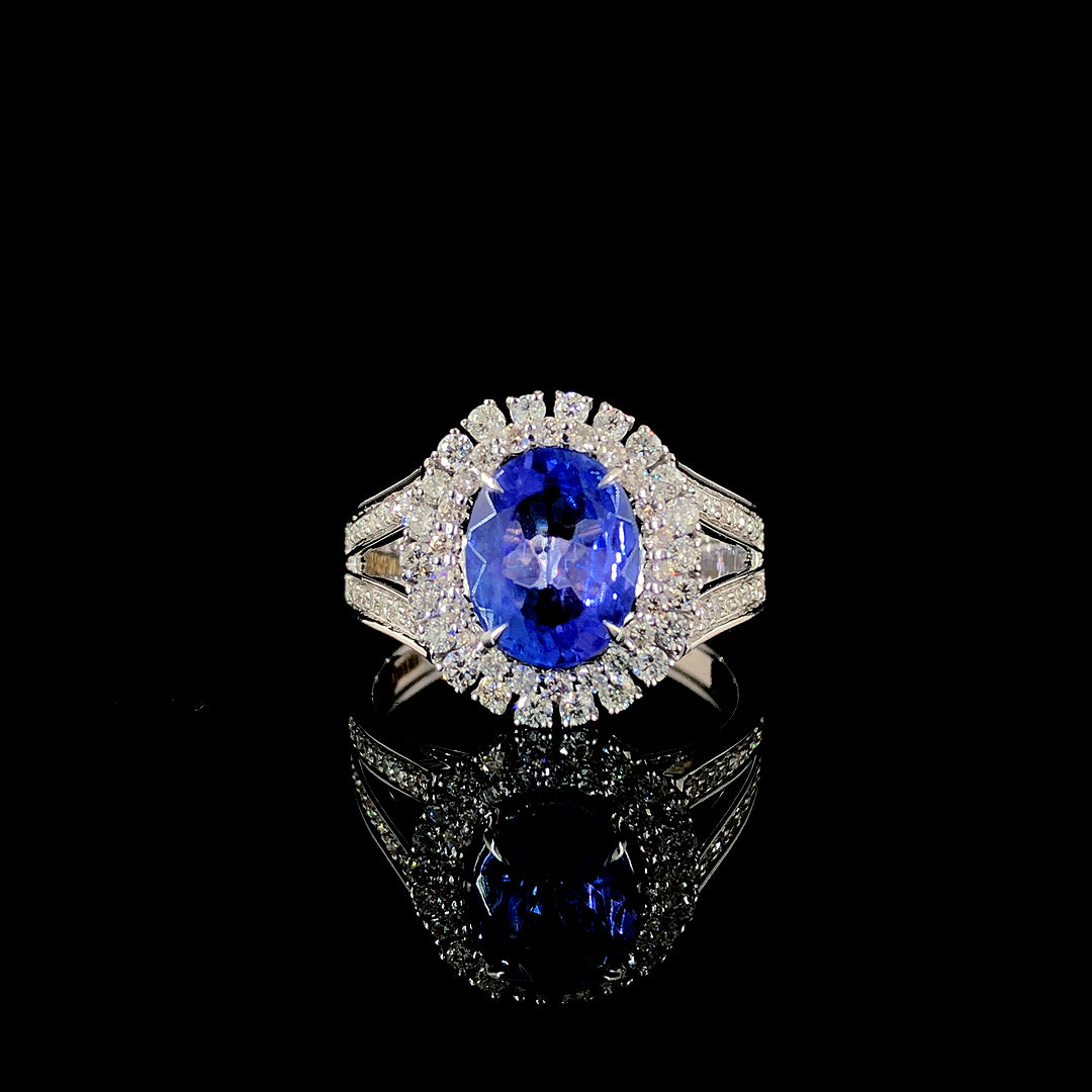 1.83ct Tanzanite Stone And 0.855ct Lab-Grown Diamond Oval Ring In 14k White Gold.