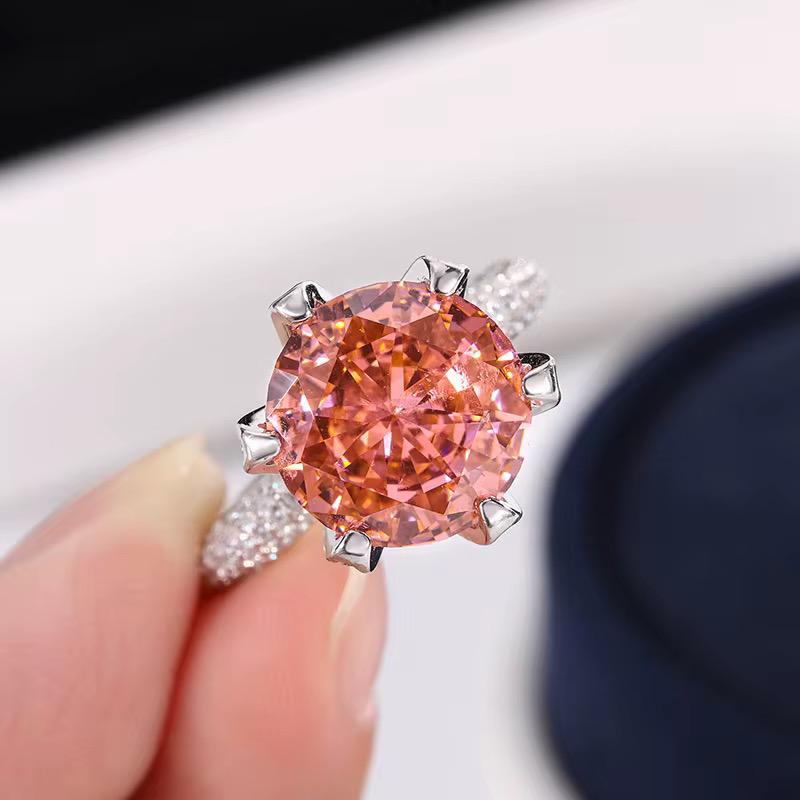 Blush Royale: 6ct Pink-Champagne Round Lab Grown Diamond Ring in 14K White Gold