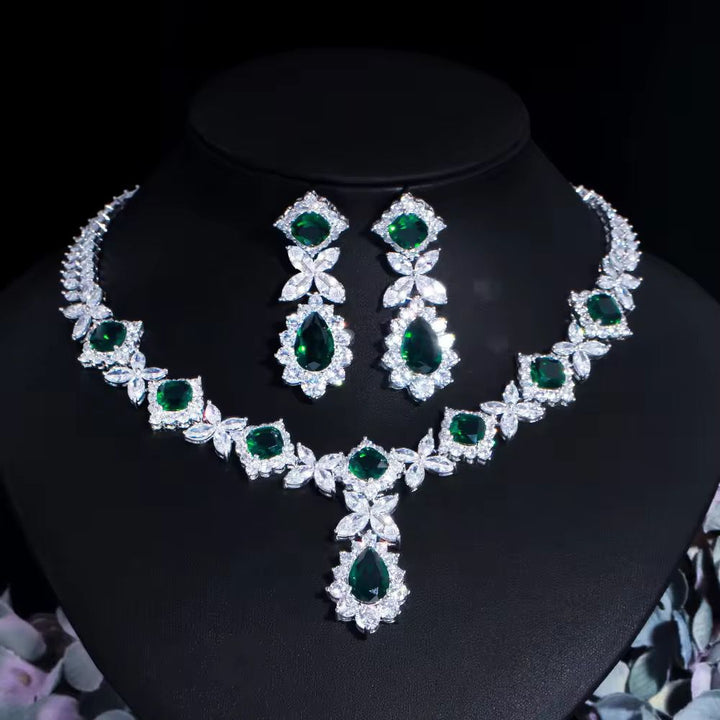 Bridal Bloom: 14K White Gold Necklace Set with Lab Diamonds &  lab grown Emeralds