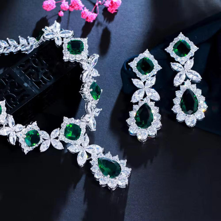 Bridal Bloom: 14K White Gold Necklace Set with Lab Diamonds &  lab grown Emeralds
