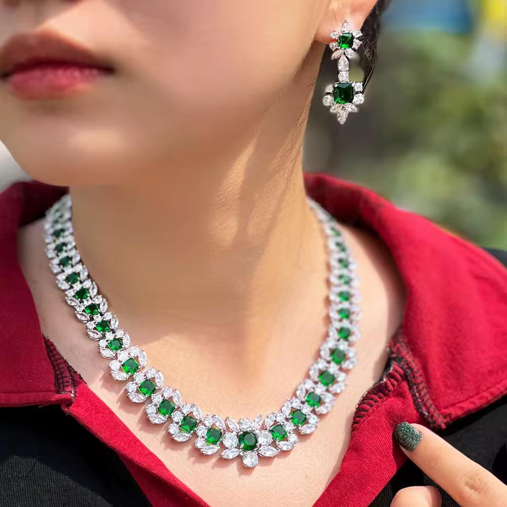 Bridal Royalty: 25ct Lab Grown Emerald & 30ct Lab Diamond necklace with earrings in 14k white gold