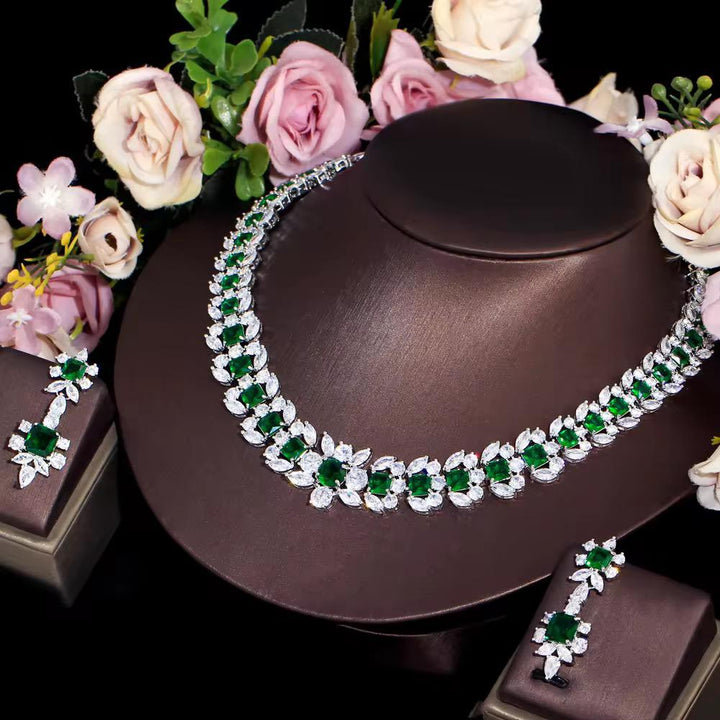 Bridal Royalty: 25ct Lab Grown Emerald & 30ct Lab Diamond necklace with earrings in 14k white gold