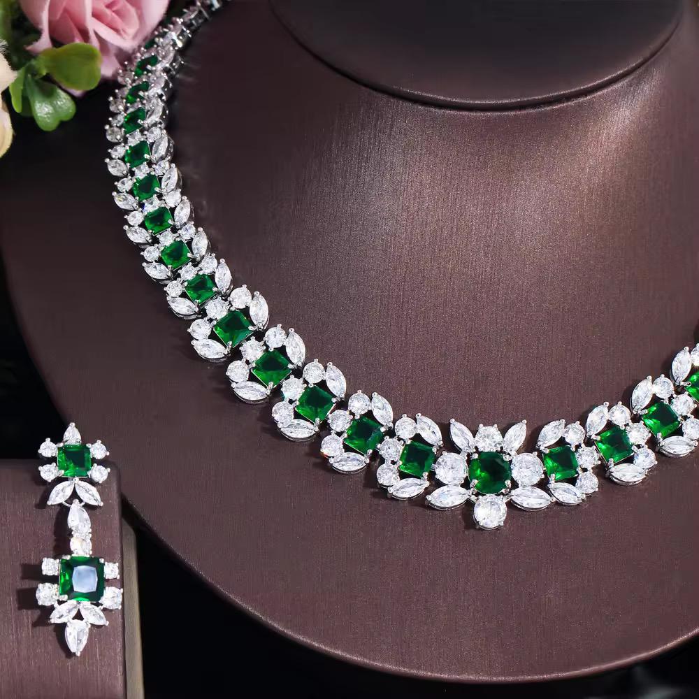 Bridal Royalty: 25ct Lab Grown Emerald & 30ct Lab Diamond necklace with earrings in 14k white gold