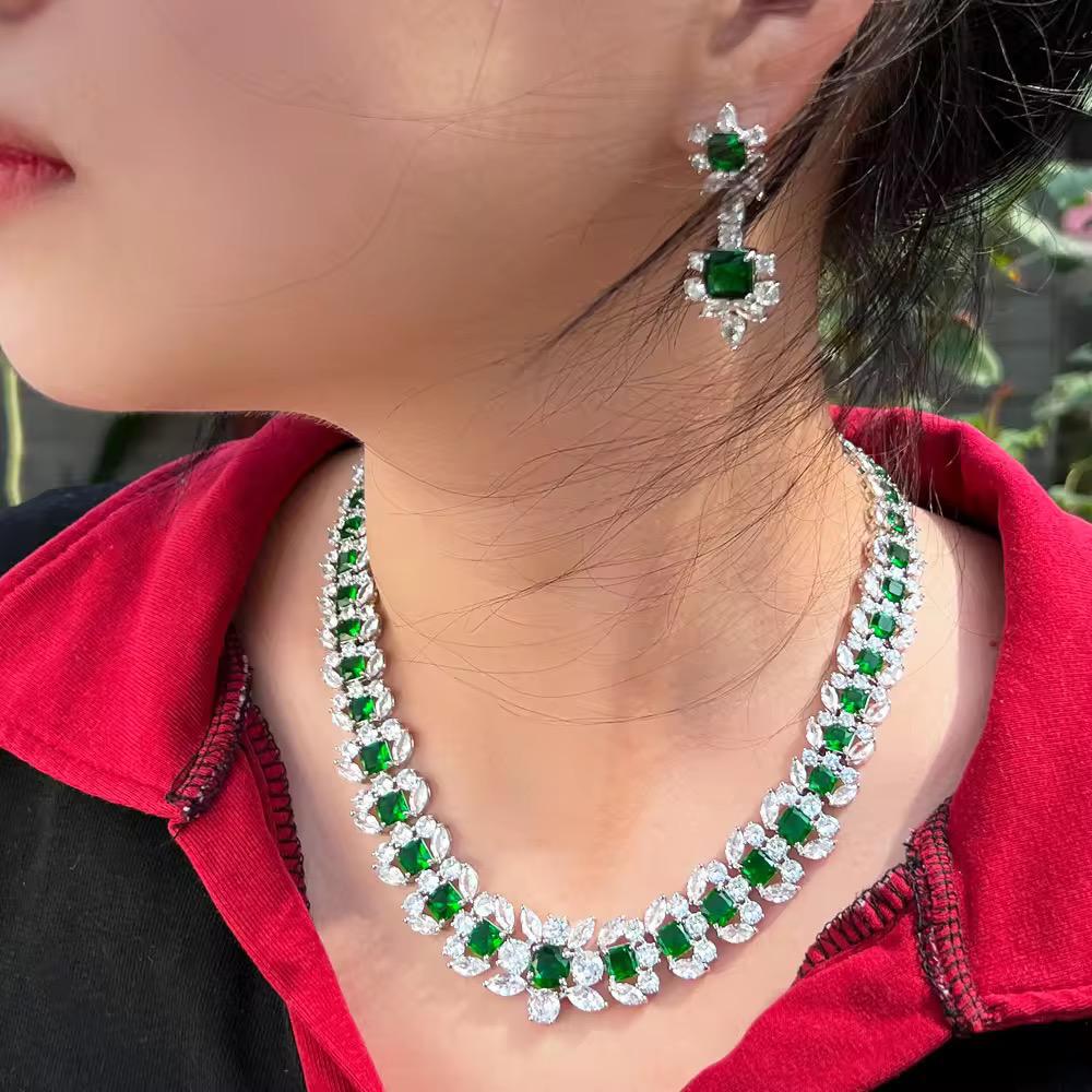 Bridal Royalty: 25ct Lab Grown Emerald & 30ct Lab Diamond necklace with earrings in 14k white gold