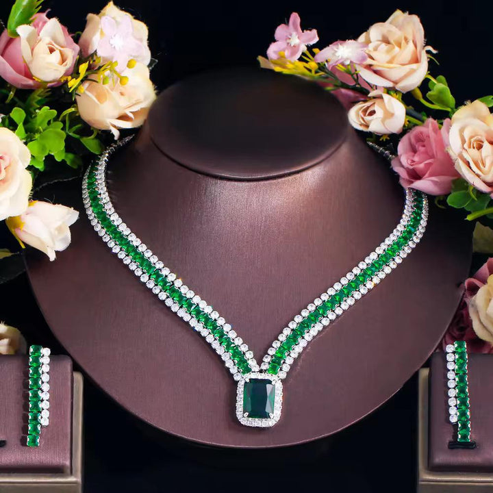30ct Lab Grown Emerald & 50ct Lab Grown Diamond Necklace Set – Bridal Jewelry in 14K White Gold