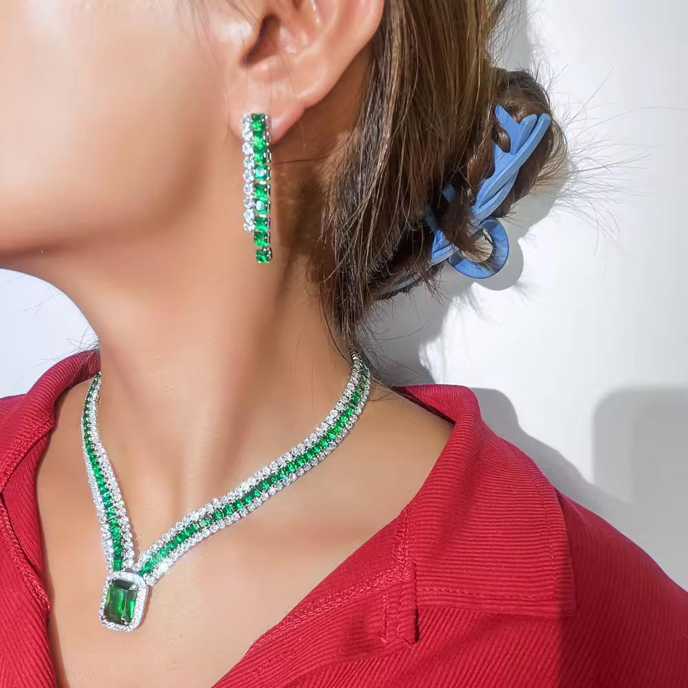 30ct Lab Grown Emerald & 50ct Lab Grown Diamond Necklace Set – Bridal Jewelry in 14K White Gold