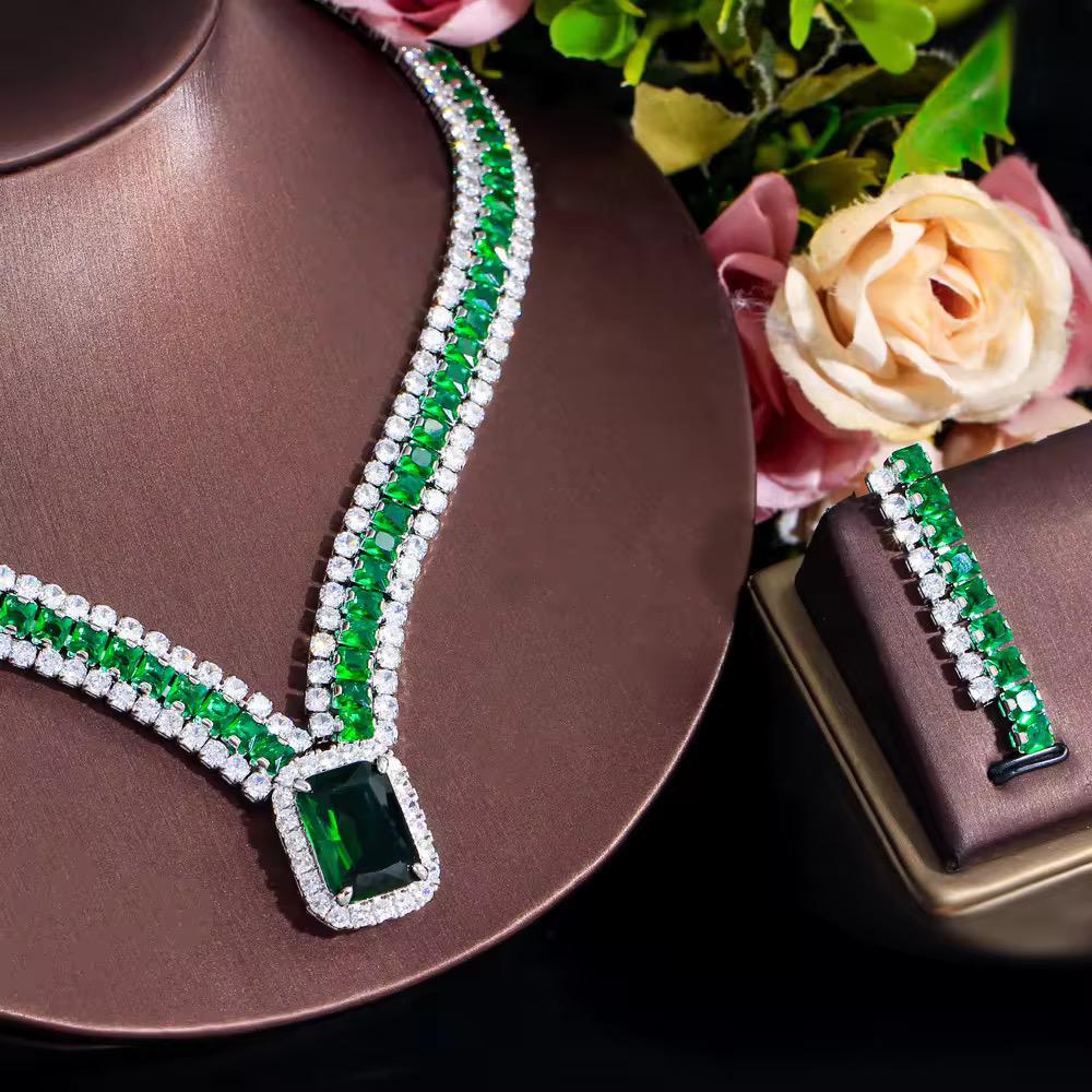 30ct Lab Grown Emerald & 50ct Lab Grown Diamond Necklace Set – Bridal Jewelry in 14K White Gold