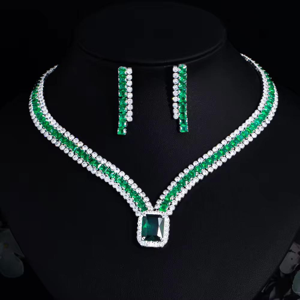 30ct Lab Grown Emerald & 50ct Lab Grown Diamond Necklace Set – Bridal Jewelry in 14K White Gold