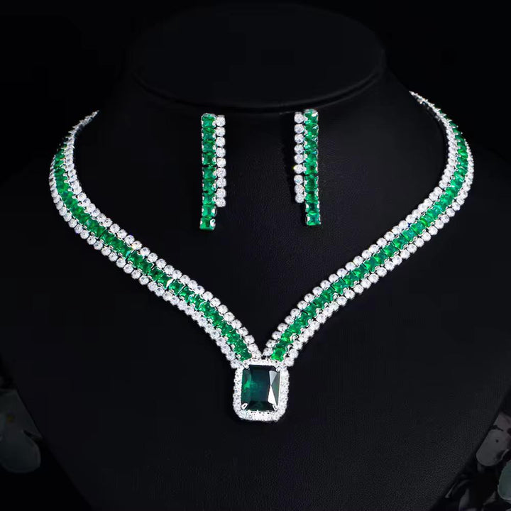 30ct Lab Grown Emerald & 50ct Lab Grown Diamond Necklace Set – Bridal Jewelry in 14K White Gold