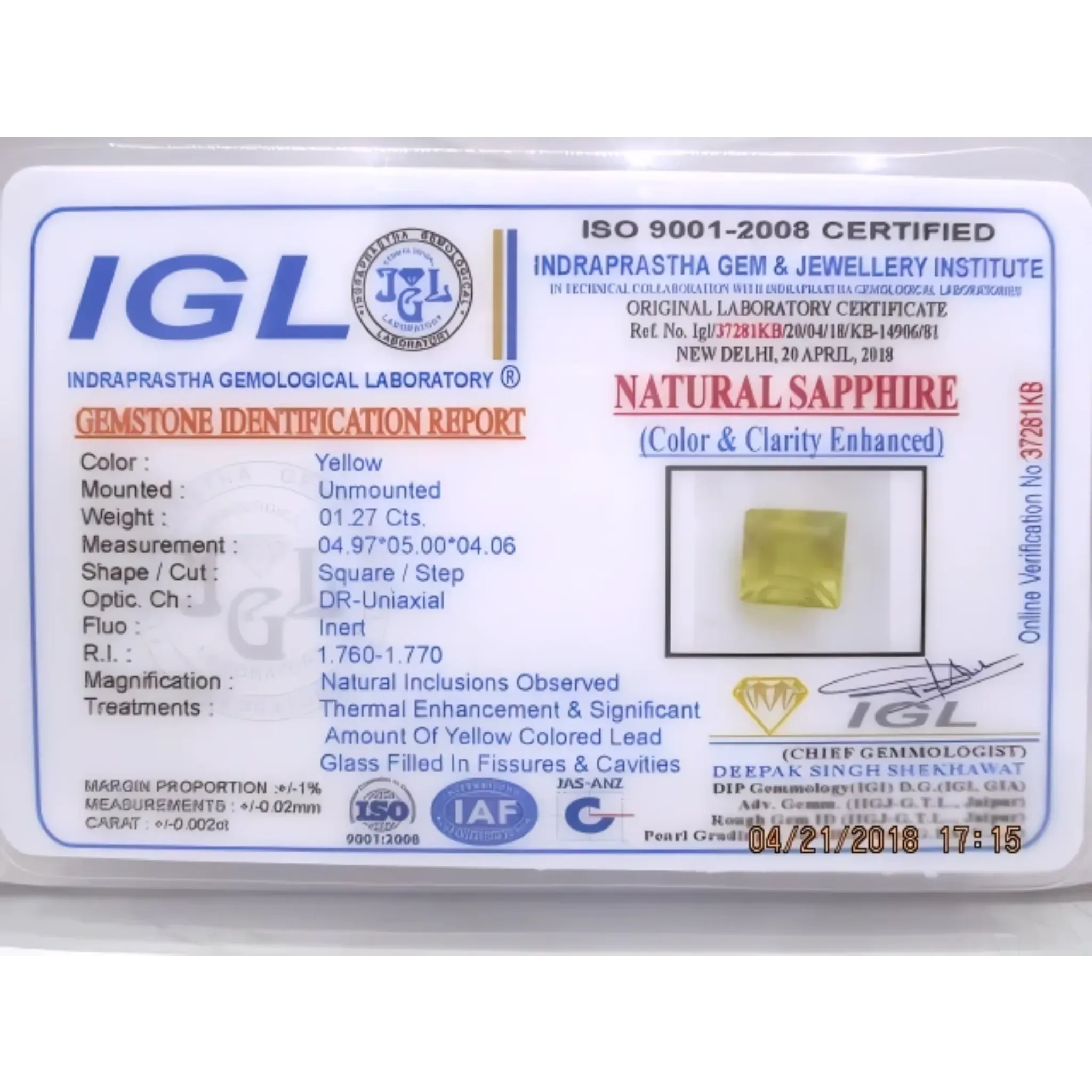 1.27ct Natural Bangkok Yellow Sapphire