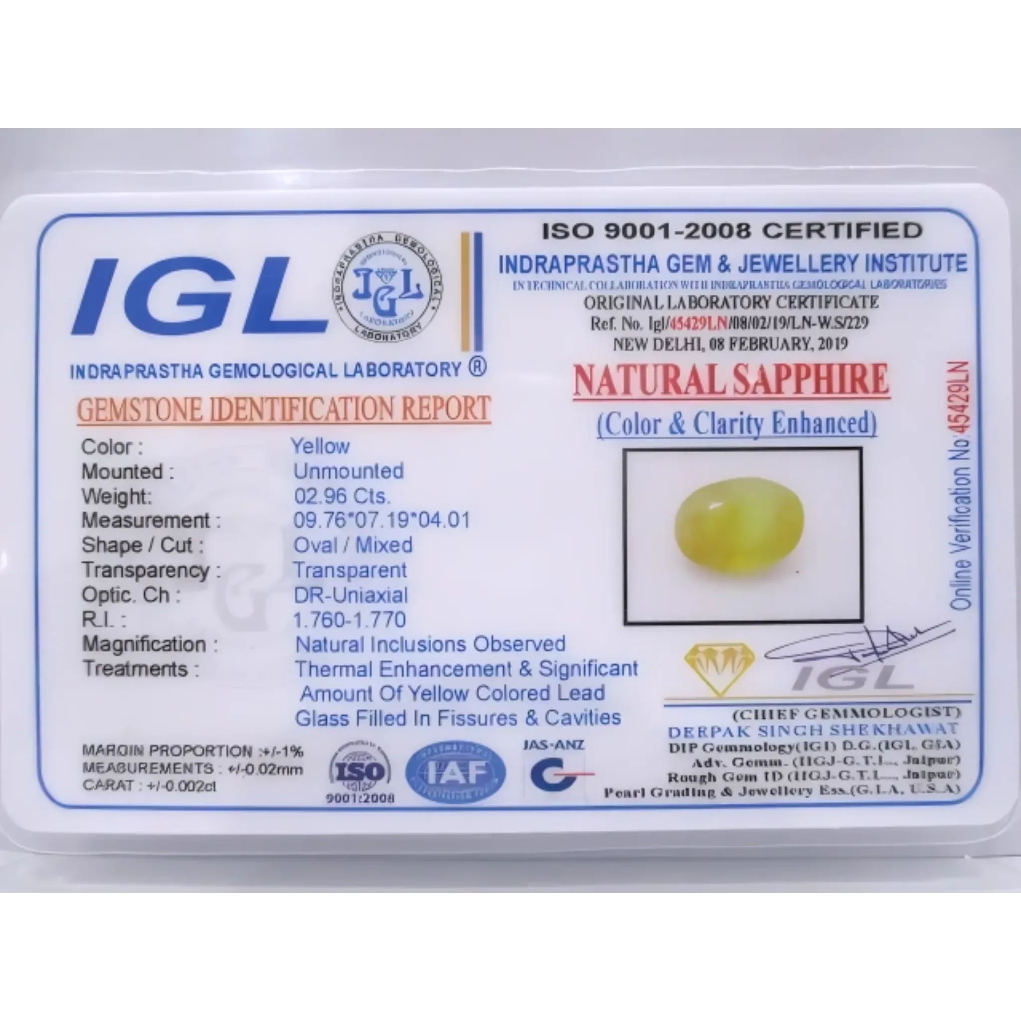 2.96ct Certified Bangkok Yellow Sapphire – Heat Treated – Brilliant Natural Beauty