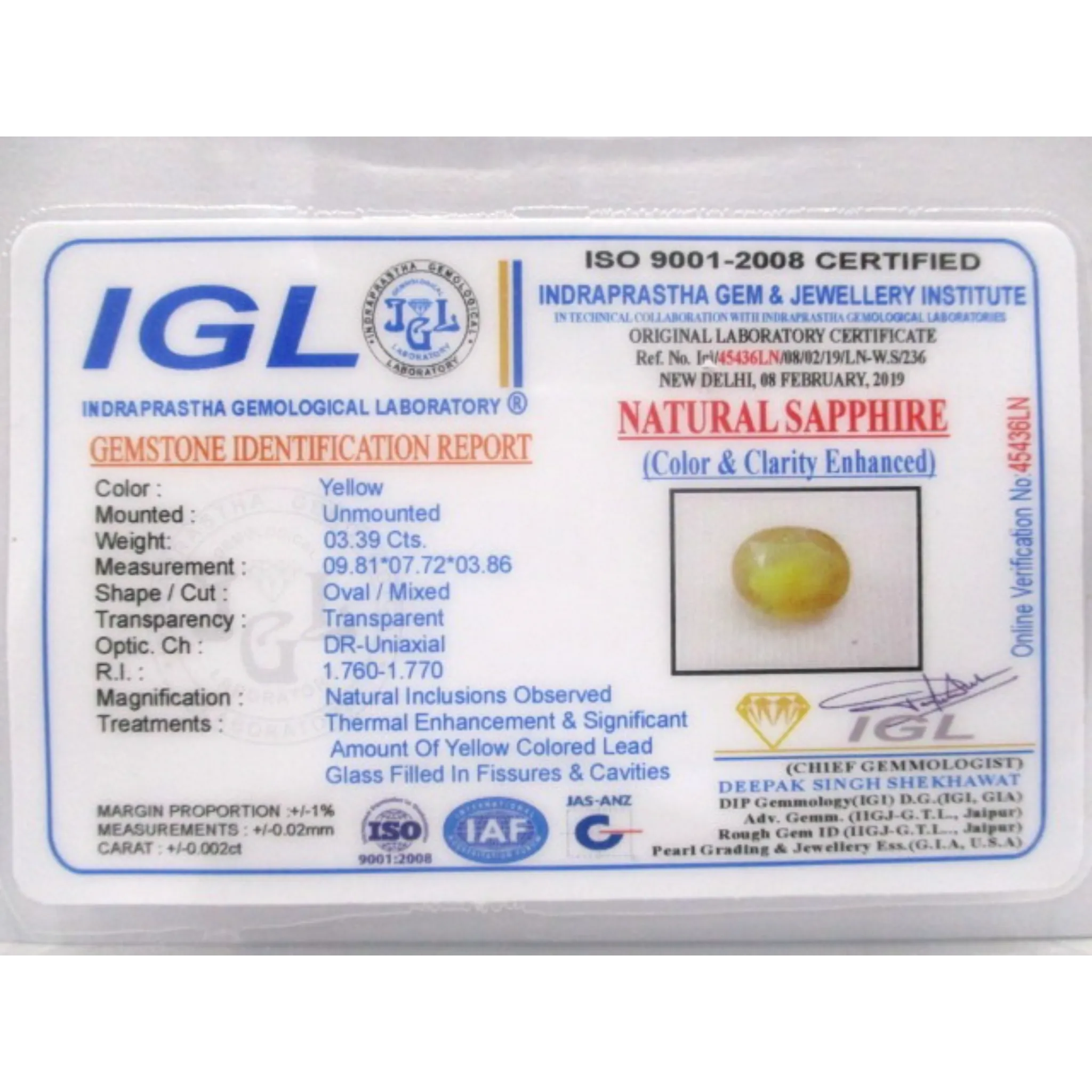 3.39ct Certified Bangkok Yellow Sapphire – Heat Treated – Brilliant Natural Beauty