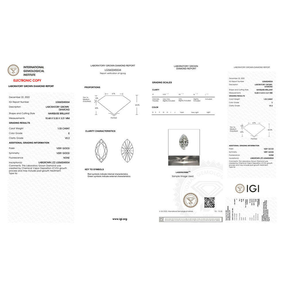 Marquise Shape 1.03 carat Lab grown Diamond.