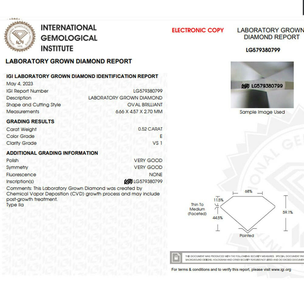 Oval cut 0.52 carat lab grown diamond.