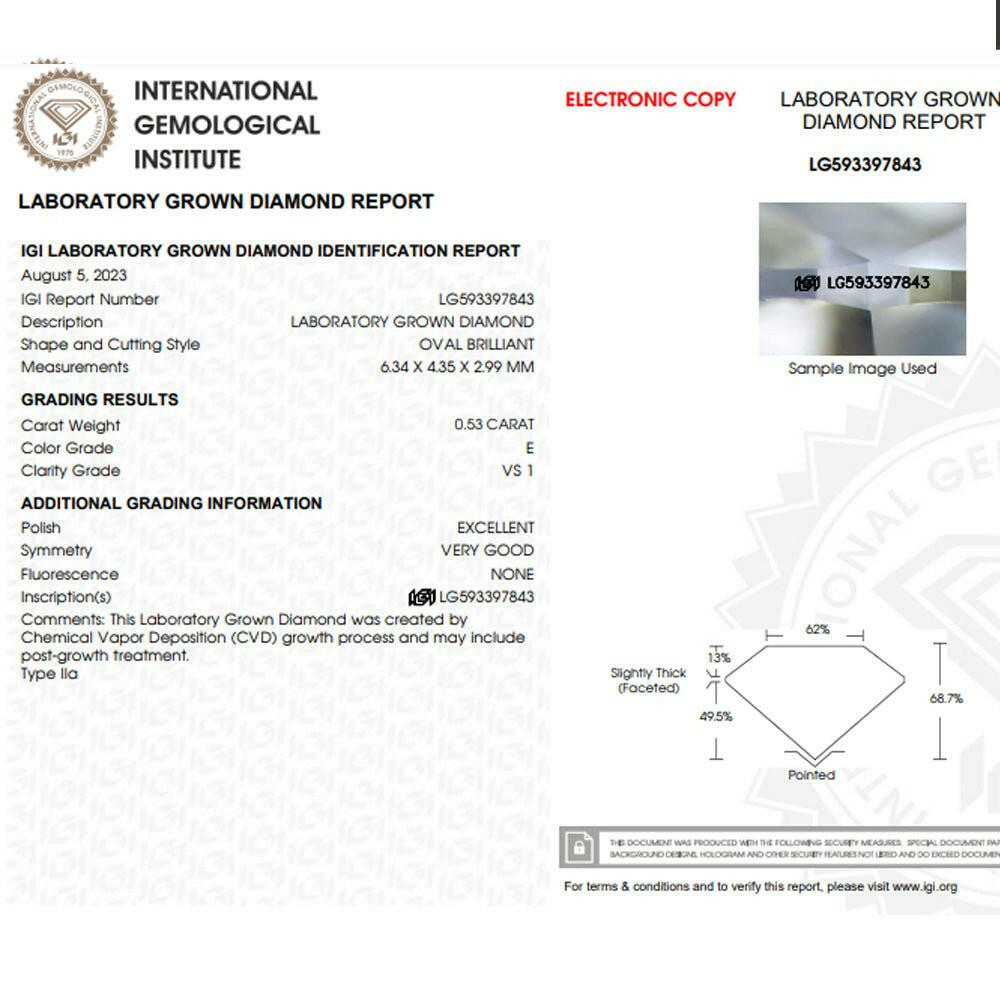 Oval cut 0.53 carat lab grown diamond.
