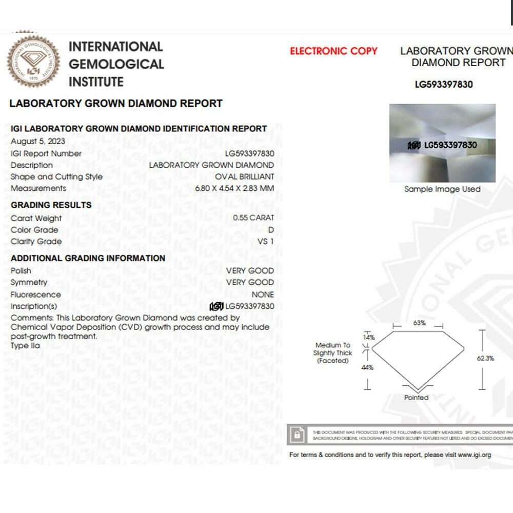Oval cut 0.55 carat lab grown diamond.