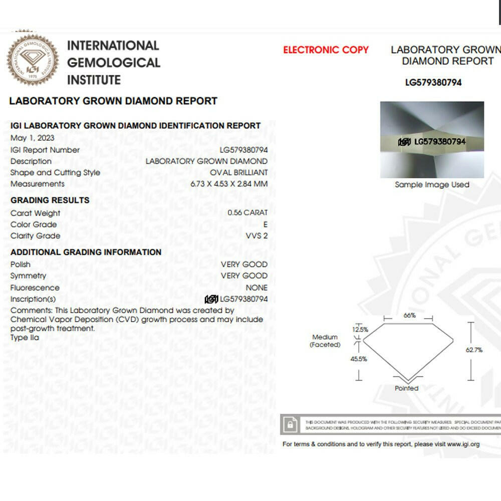 Oval cut 0.56 carat lab grown diamond.
