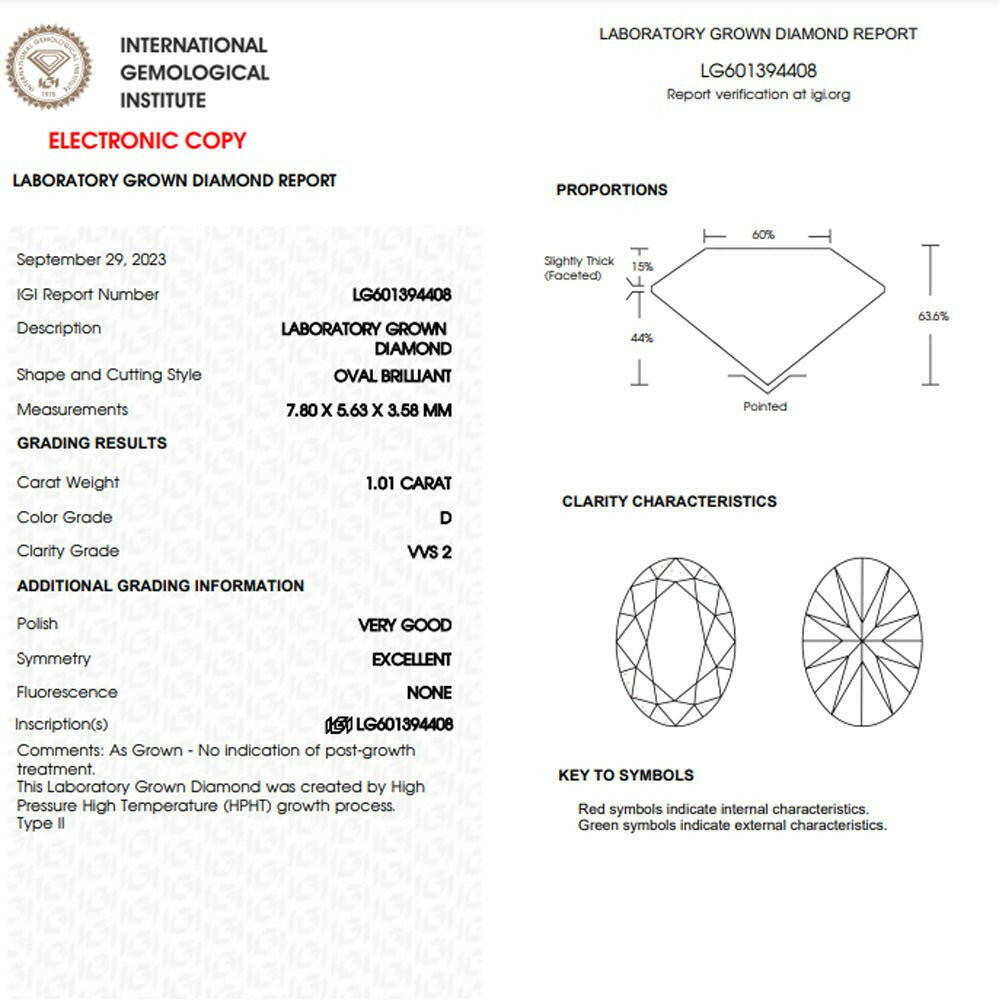 Oval cut 1.01 carat lab grown diamond.