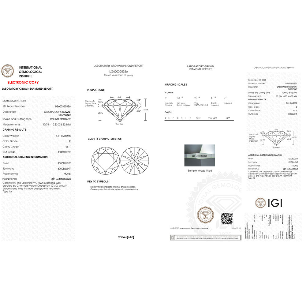 Showcasing a Brilliant Round 5.01 Carat Lab Grown Loose Diamond.